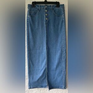 OAT New York Light Wash Denim Maxi Skirt Size 6/28 Slit Front Pockets Button Fly